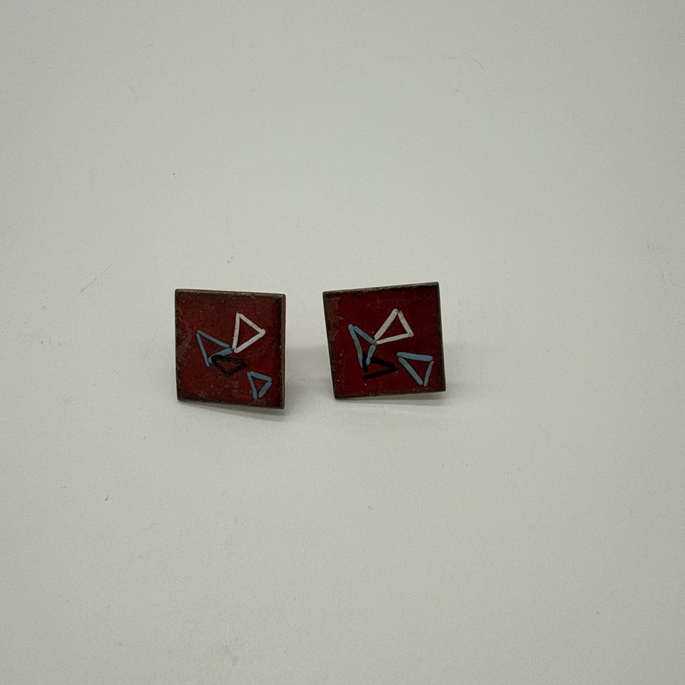 VINTAGE ARTIST MADE COPPER ENAMEL MULTICOLOR SCREW ON EARRINGS